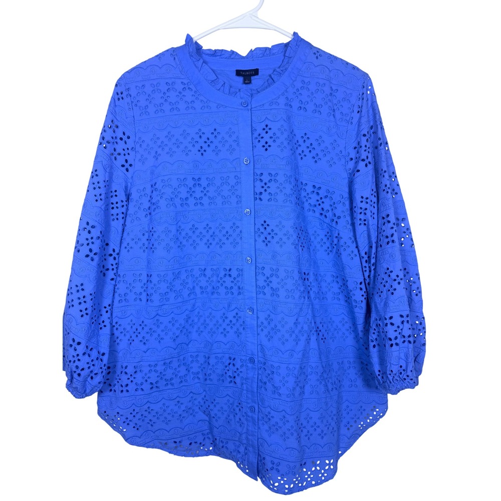 Talbots Blue Eyelet Cotton Blouse Ruffle Neck L Coastal Grandmother Resort Wear